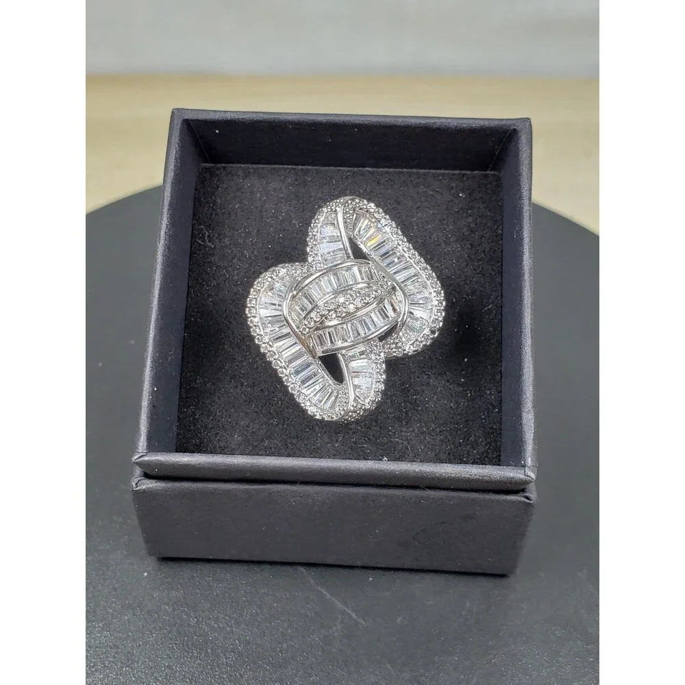 Unique Bow Infinity Baguette Cut CZ 925 Silver Cluster Cocktail Ring Size 9.25
